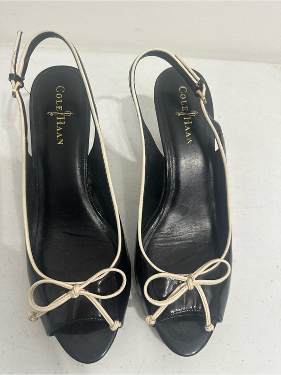 Cole Haan Shoes - Cole Haan Black Patent Slingback Peep-Toe Heels with Cream Piping and Bow
